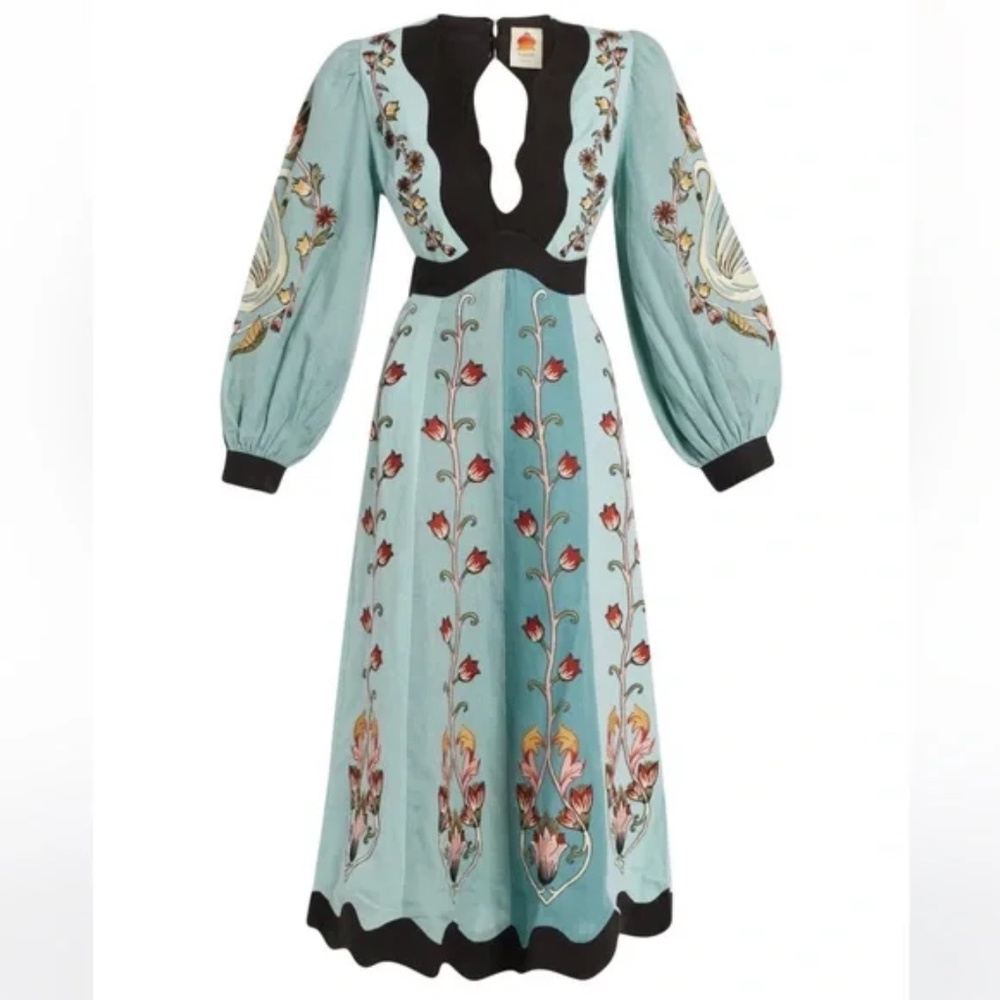 Farm Rio Flowing Beauty Midi Dress in sky blue linen, size M